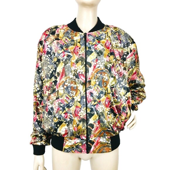 Vintage 80s Metallic Gold Pink/Black Abstract Bomber Jacket OSFM New - Picture 2 of 9